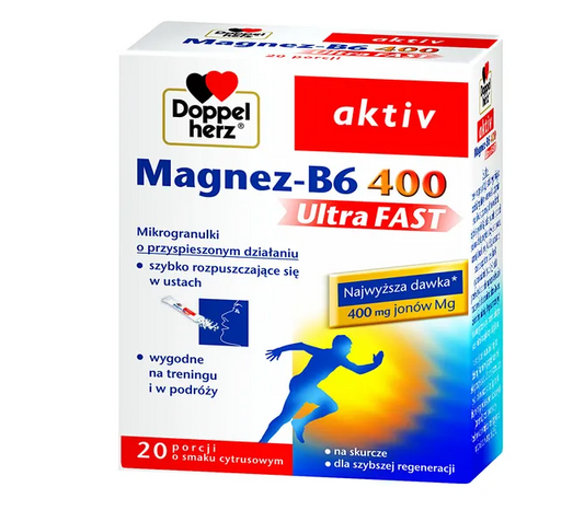 Doppelherz aktiv Magnez-B6 UltraFAST 400, granulki musujące w saszetkach, 20 szt.