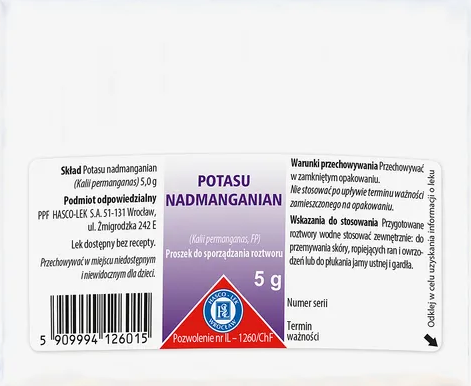 Kalium hypermanganicum (Nadmanganian potasu), proszek do sporządzania roztworu, 5 g (Hasco)
